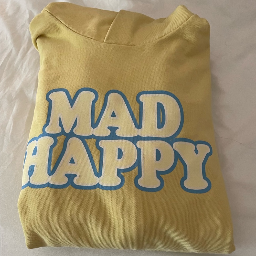 mad happy yellow sweatshirt size small. perfect condition.